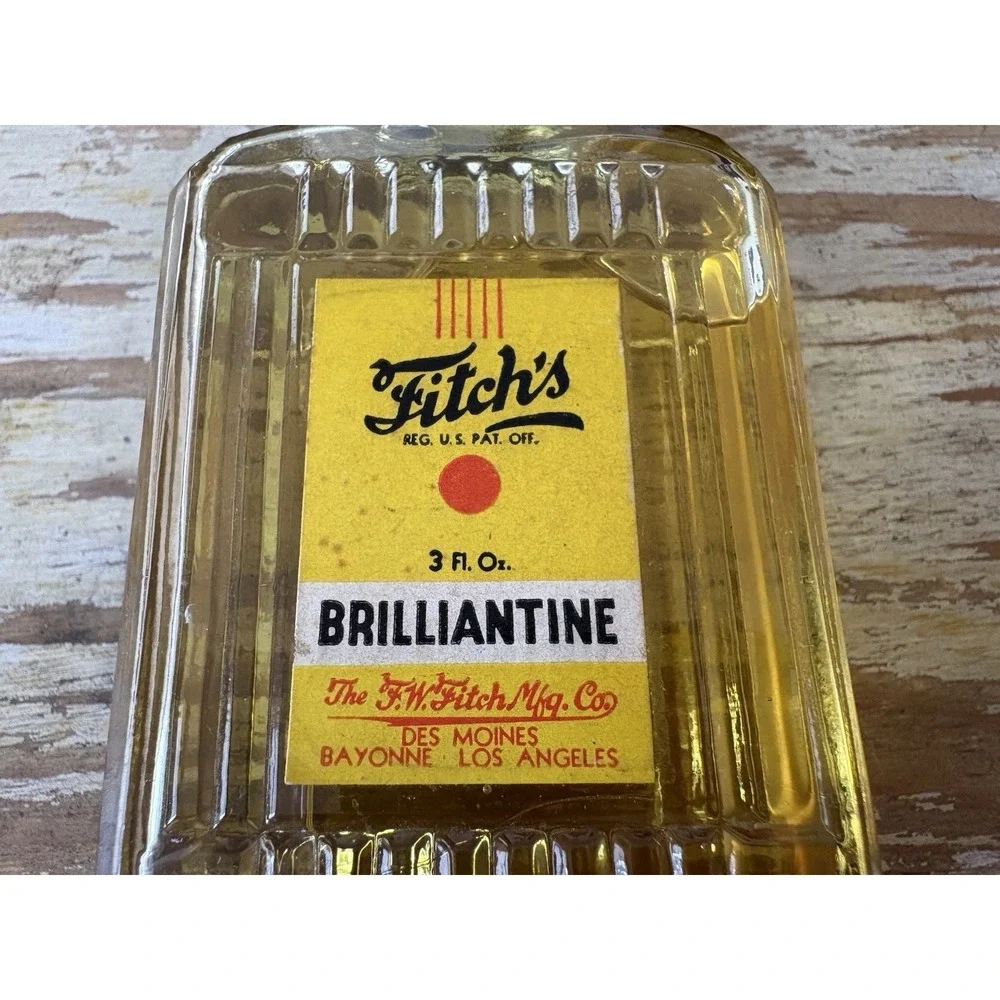 Vintage barber salon Fitch's Brilliantine & Ideal Hair Tonic glass bottles 1950s